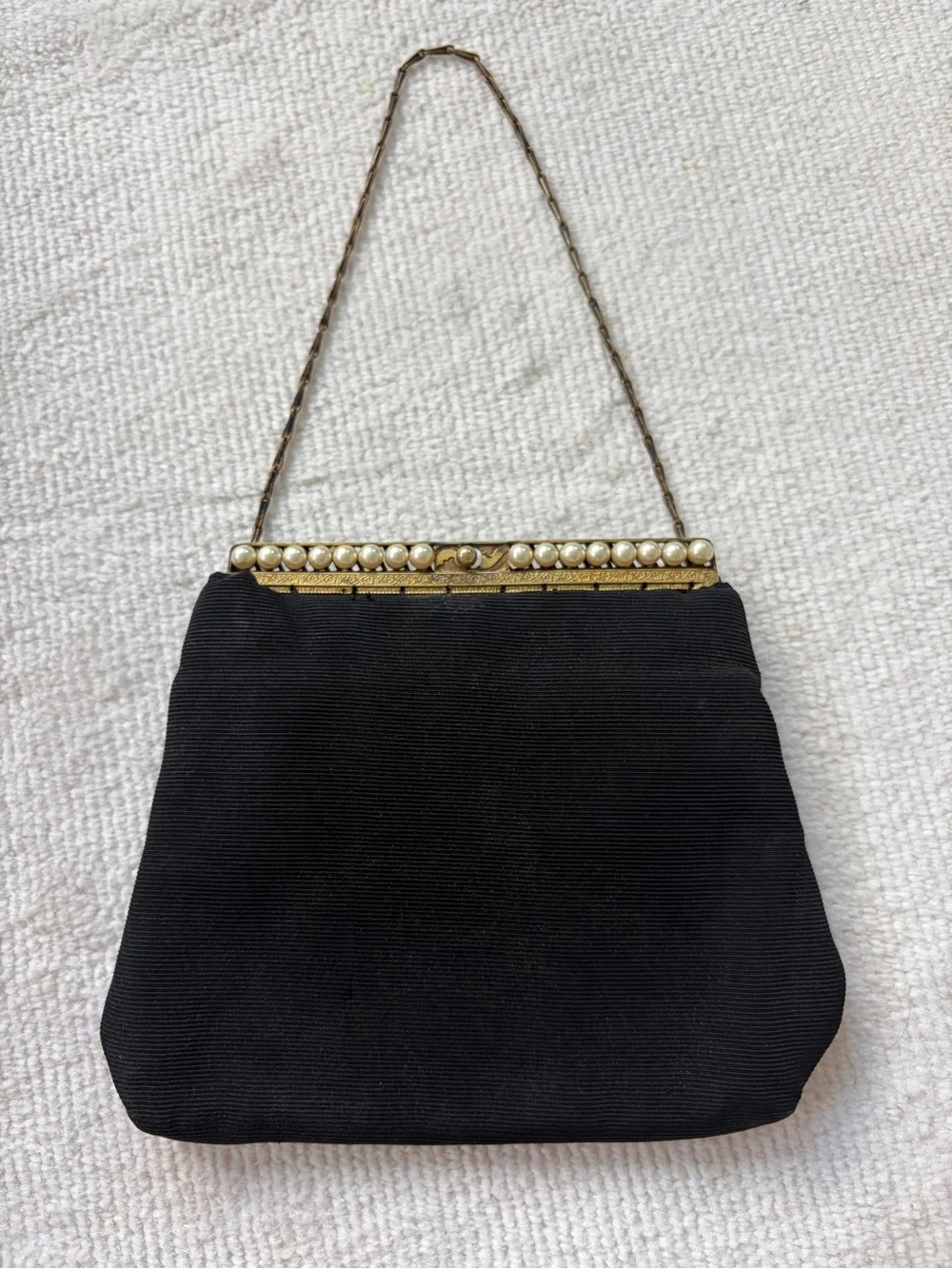 Vintage Black Evening Bag Pearl Frame Gold Chain Handle 1950s 1960s Clutch